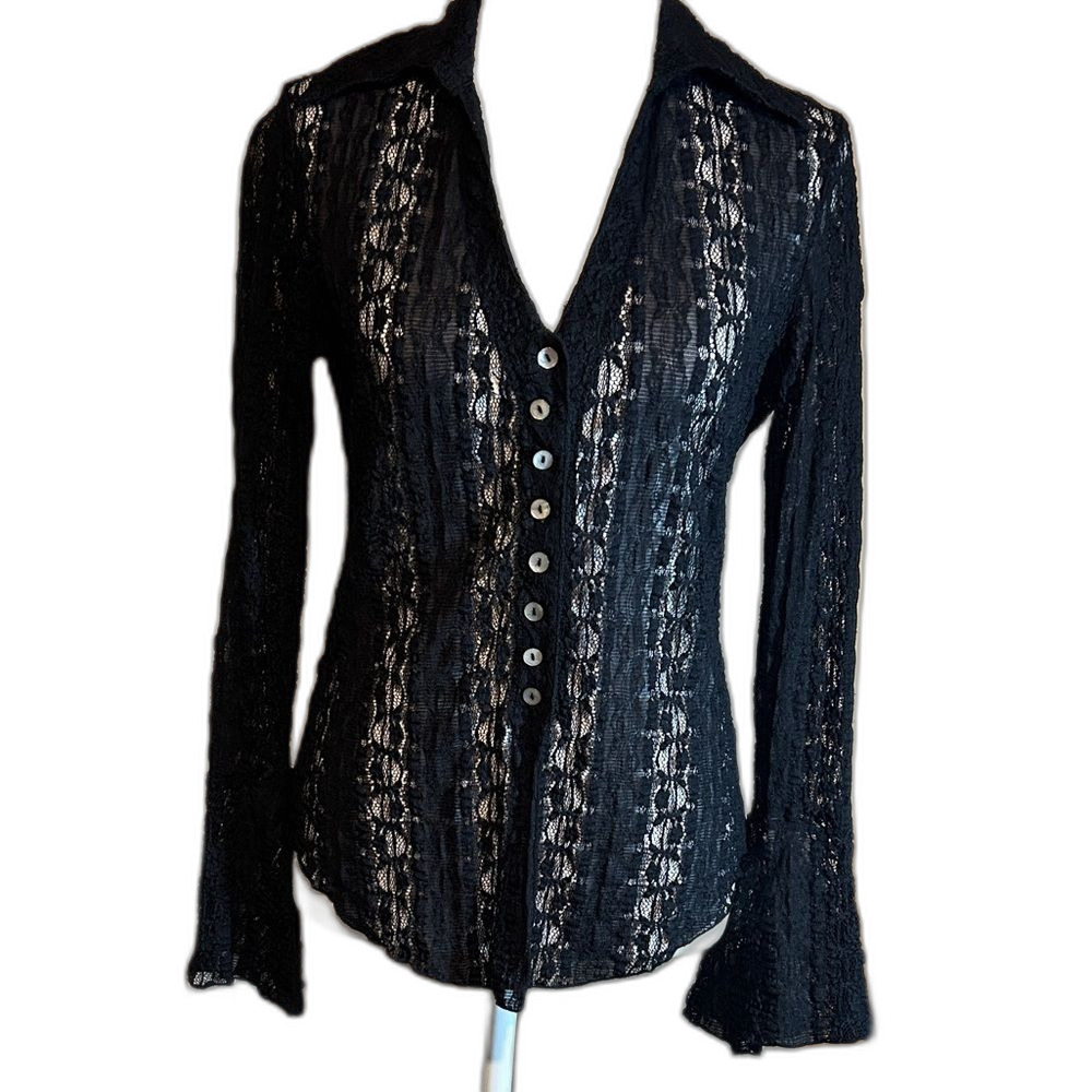 Nine & Co. Black Lace Button Up Shirt Women Size S Flared Sleeve Vintage